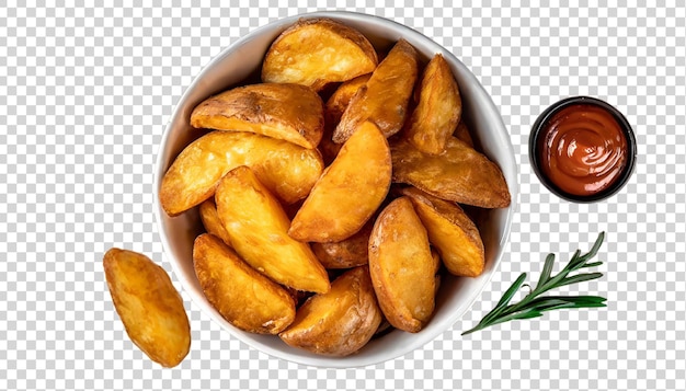 PSD un cuenco de cuñas de patatas horneadas aisladas sobre un fondo transparente vista superior