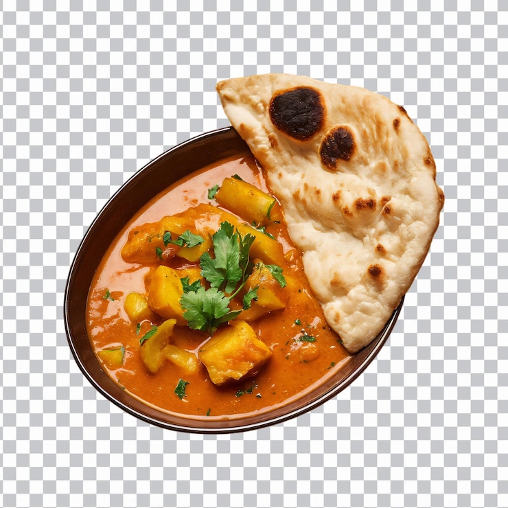 PSD cuenco de curry con pan naan aislado en un fondo transparente
