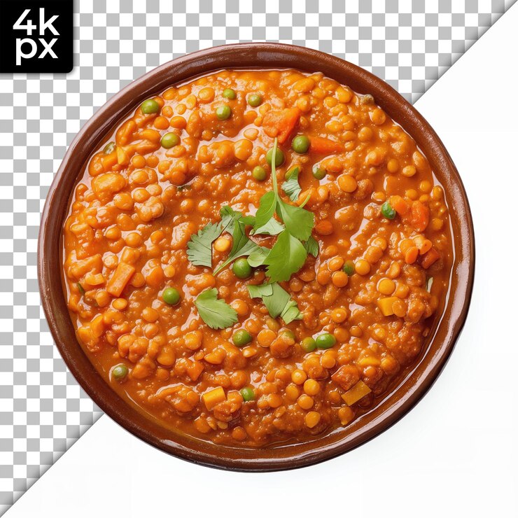 PSD un cuenco de dal indio picante con guisantes y zanahorias sobre un fondo transparente