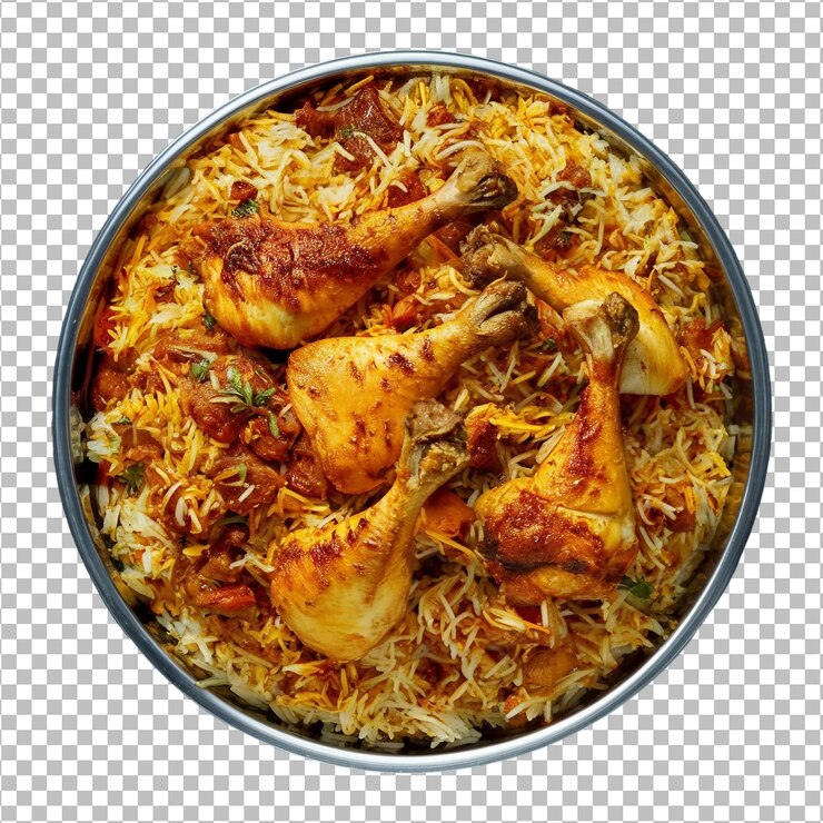 PSD un cuenco delicioso de biryani caliente con pedazos de pollo aislados en un fondo transparente