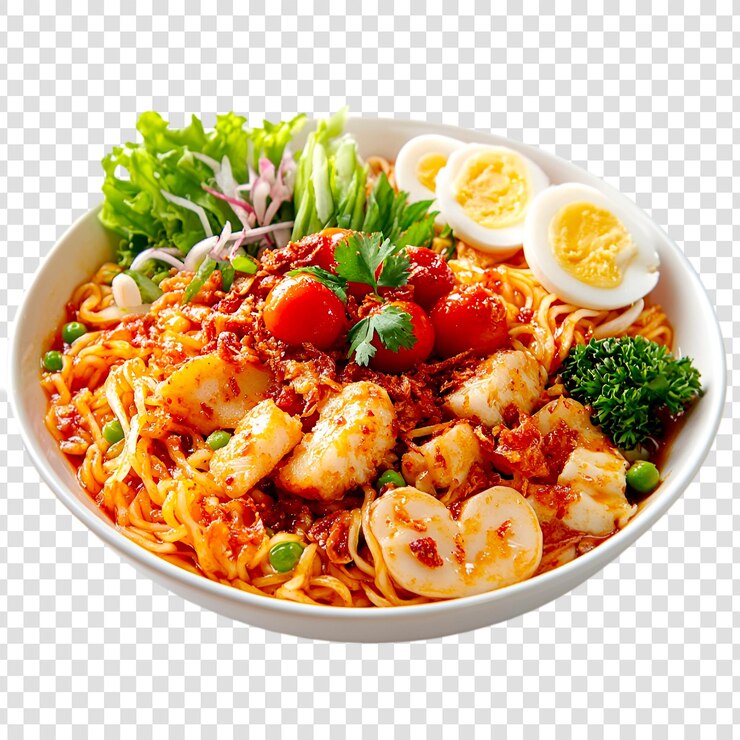 PSD cuenco de fideos picante con pastel de pescado y huevo deliciosa cocina asiática