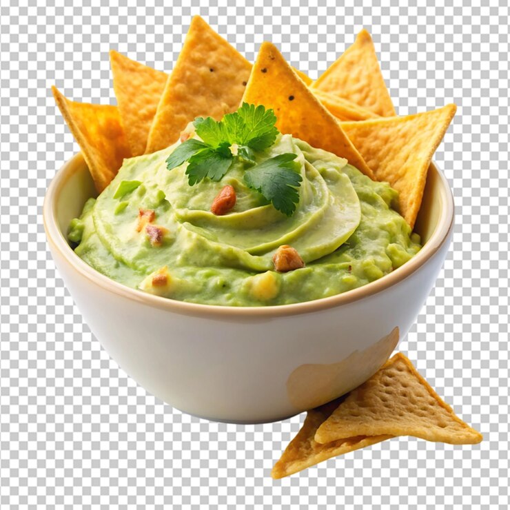 PSD cuenco de guacamole cremoso con tortilla de nachos crujientes en un fondo transparente