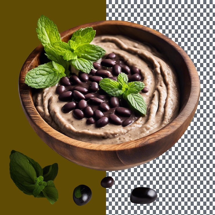 PSD un cuenco de hummus de frijol negro y terciopelo aislado sobre un fondo transparente