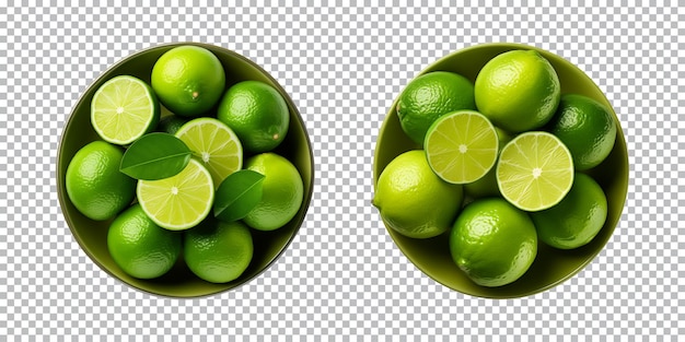 Cuenco de limas frescas enteras y cortadas a la mitad aisladas en un fondo transparente vista superior.