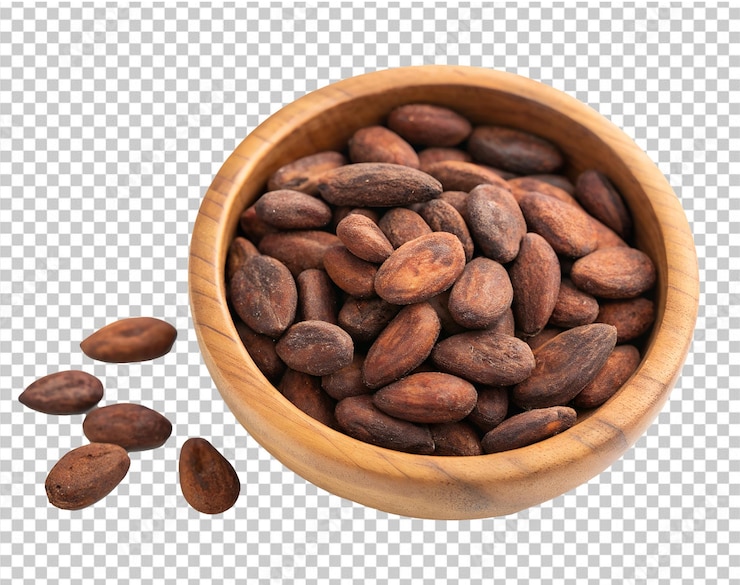 PSD un cuenco de madera con grano de cacao aislado sobre un fondo transparente png y psd