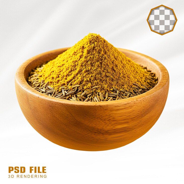 PSD un cuenco de madera lleno de polvo de cúrcuma y semillas de comino