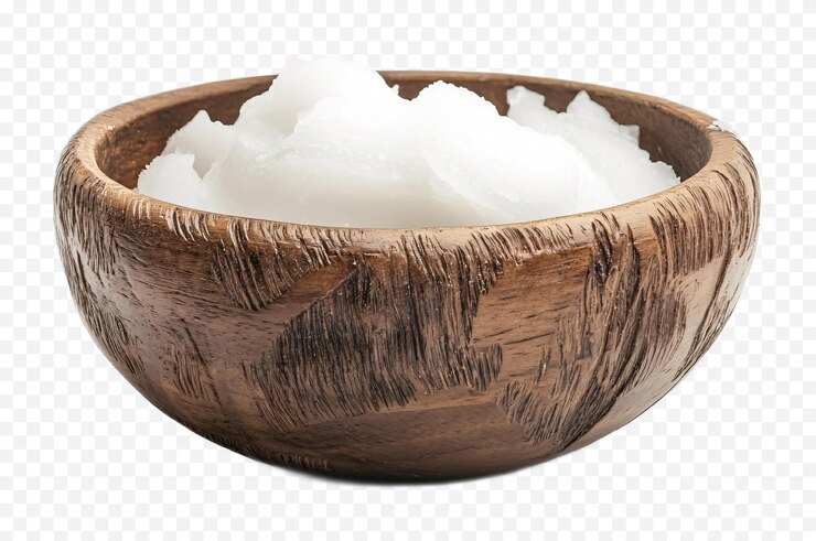 PSD un cuenco de madera tallada lleno de aceite de coco sobre un fondo transparente