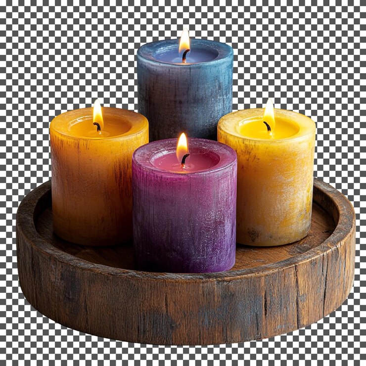 PSD un cuenco de madera con velas y uno púrpura con uno amarillo en él
