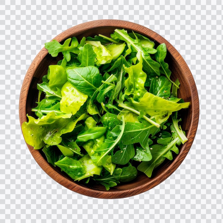 PSD un cuenco de madera vibrante lleno de una variedad fresca de verduras de hojas verdes perfectas para ensaladas o comidas saludables