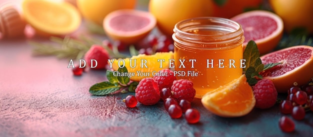 Cuenco de miel y frutas maduras