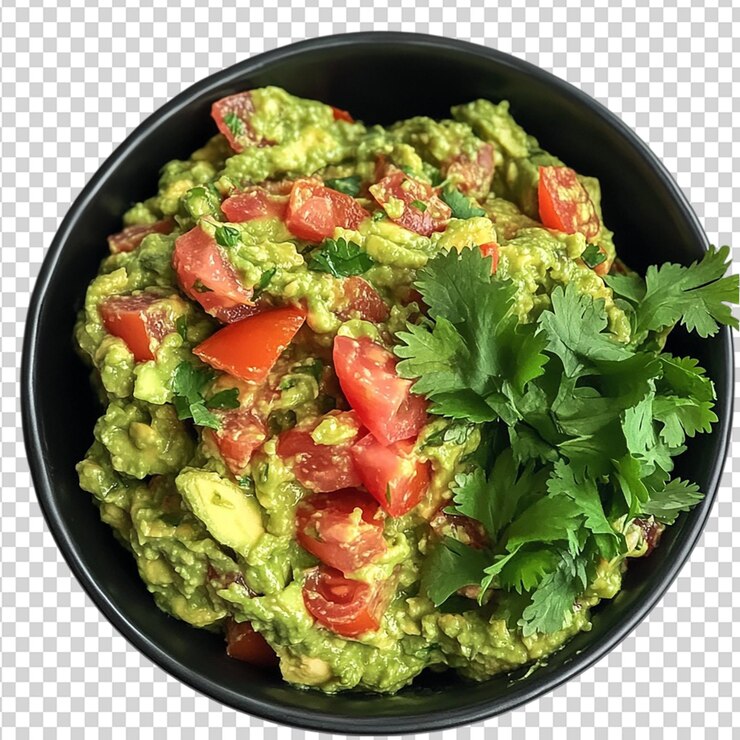 PSD cuenco negro de guacamole con tomates y cilantro aislados sobre un fondo transparente