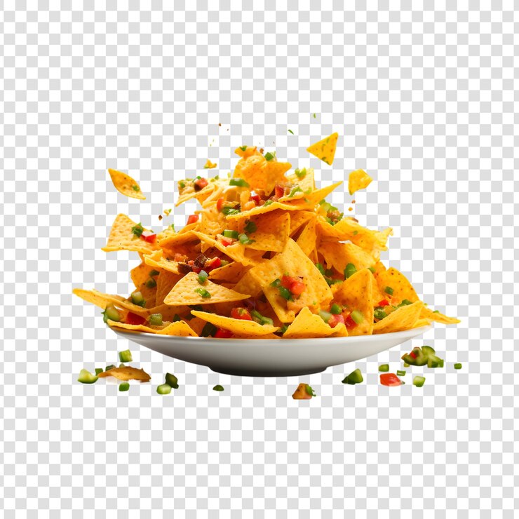 PSD un cuenco de papas fritas de nachos con especias y pimienta de chile en un fondo transparente