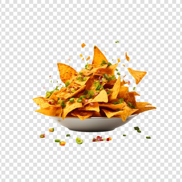 Un cuenco de papas fritas de nachos con especias y pimienta de chile en un fondo transparente