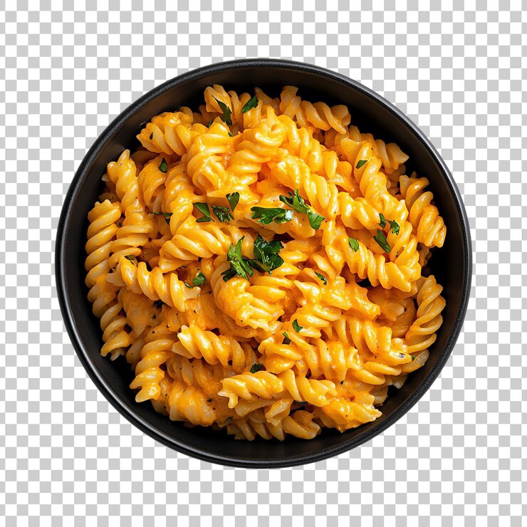 PSD cuenco de pasta de fusilli con rica salsa de queso y albahaca sobre un fondo transparente