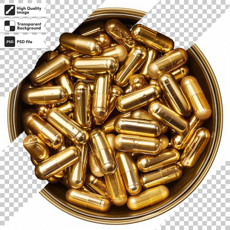 PSD un cuenco de pastillas de oro con una imagen de cápsulas de oro en él