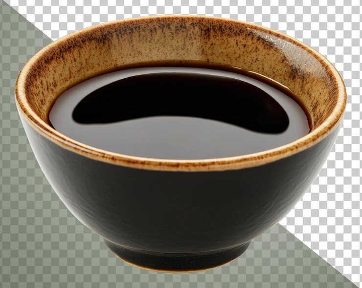 PSD cuenco png lleno de líquido oscuro sobre un fondo blanco
