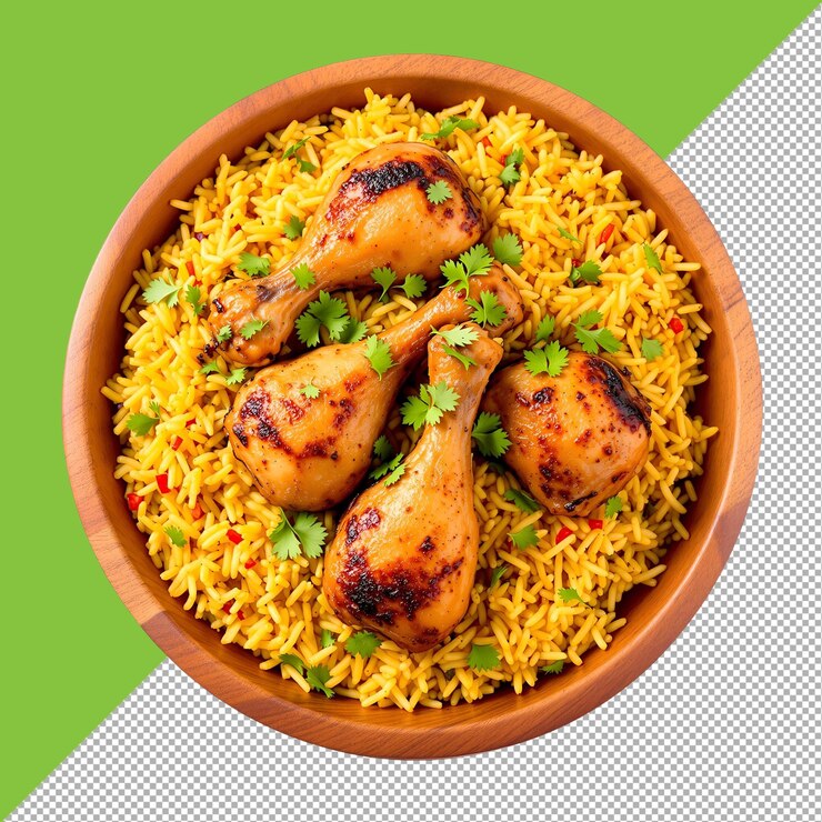 PSD cuenco de pollo biriyani aislado sobre un fondo transparente