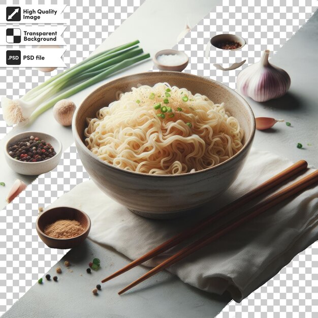 Cuenco psd de fideos con verduras y pollo en fondo transparente con capa de máscara editable