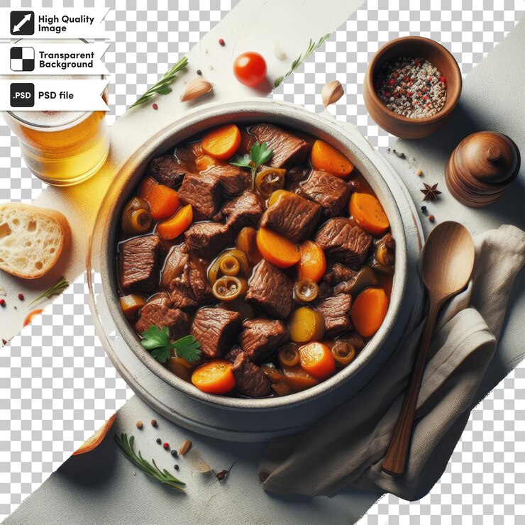PSD cuenco psd de sopa de verduras con setas y carne sobre un fondo transparente con máscara editable