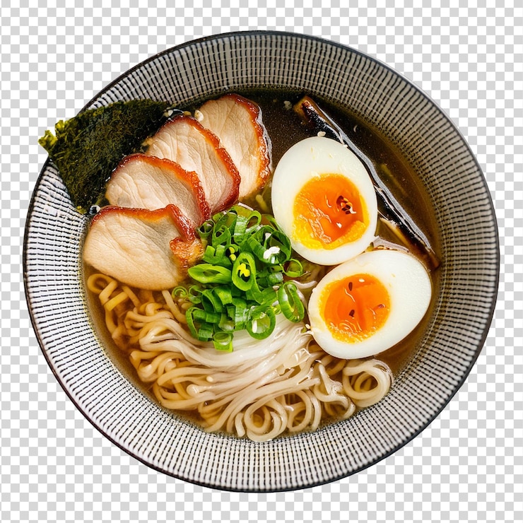 Cuenco de ramen con huevo y muchas verduras en un fondo transparente