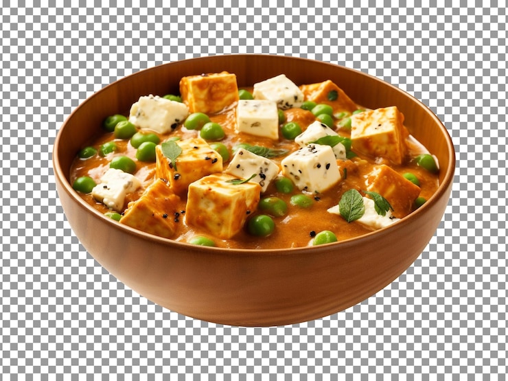 PSD un cuenco de saboroso curry matar paneer en un fondo transparente