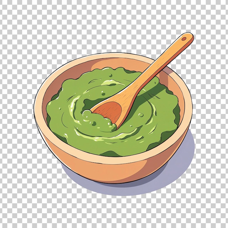 PSD cuenco de salsa verde con cuchara de madera en un fondo transparente
