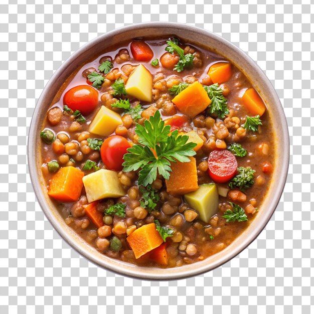 PSD cuenco de sopa de verduras con lentejas abundantes aisladas sobre un fondo transparente