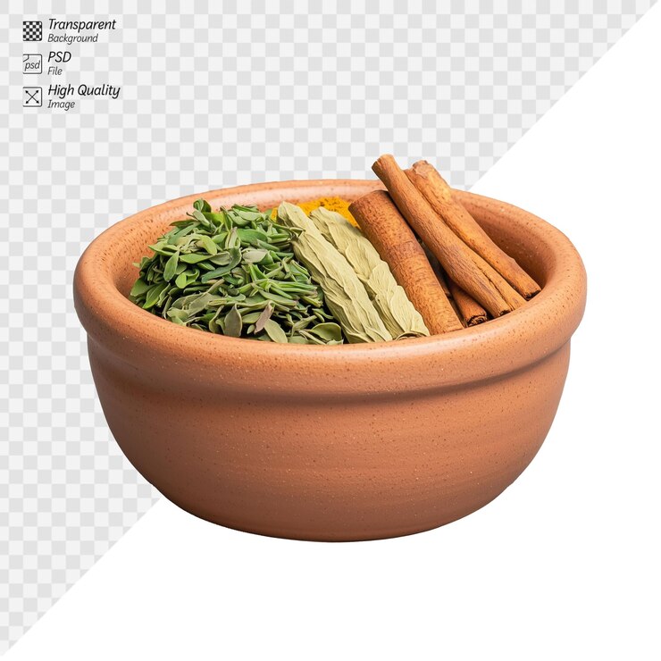 PSD cuenco de terracota con hierbas secas y palos de canela con fondo transparente