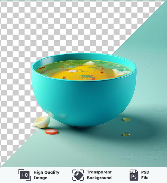 PSD un cuenco transparente de sopa de pollo en una mesa azul acompañado de un caramelo rojo y una sombra azul