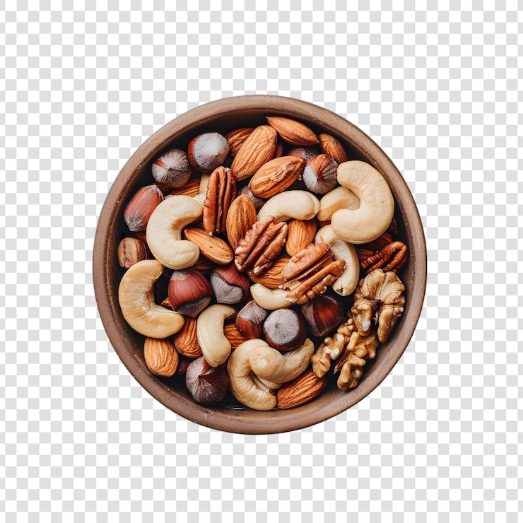 PSD un cuenco de varias nueces y pasas en un fondo transparente