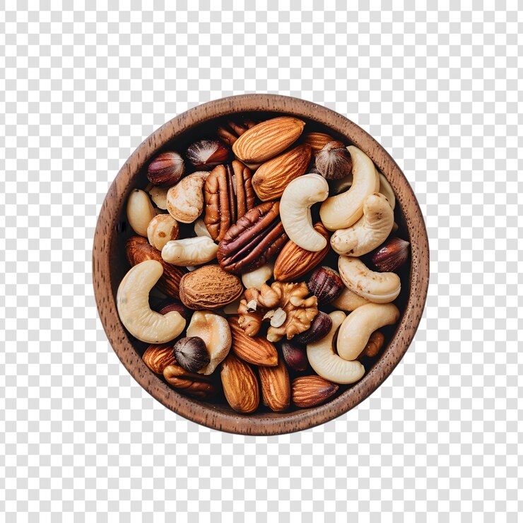 PSD un cuenco de varias nueces y pasas en un fondo transparente