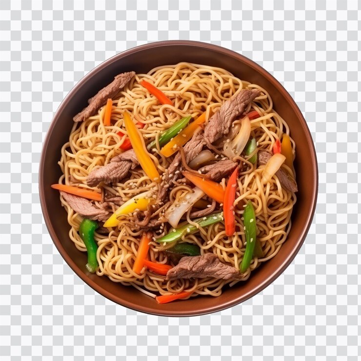 PSD un cuenco vibrante de fideos fritos con carne de res y verduras de colores perfectas para una deliciosa comida de inspiración asiática
