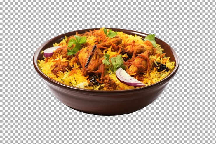 PSD un cuenco vibrante de pollo aromático biryani adornado con hierbas frescas y cebollas servido en un plato rústico en fondo transparente blanco o png