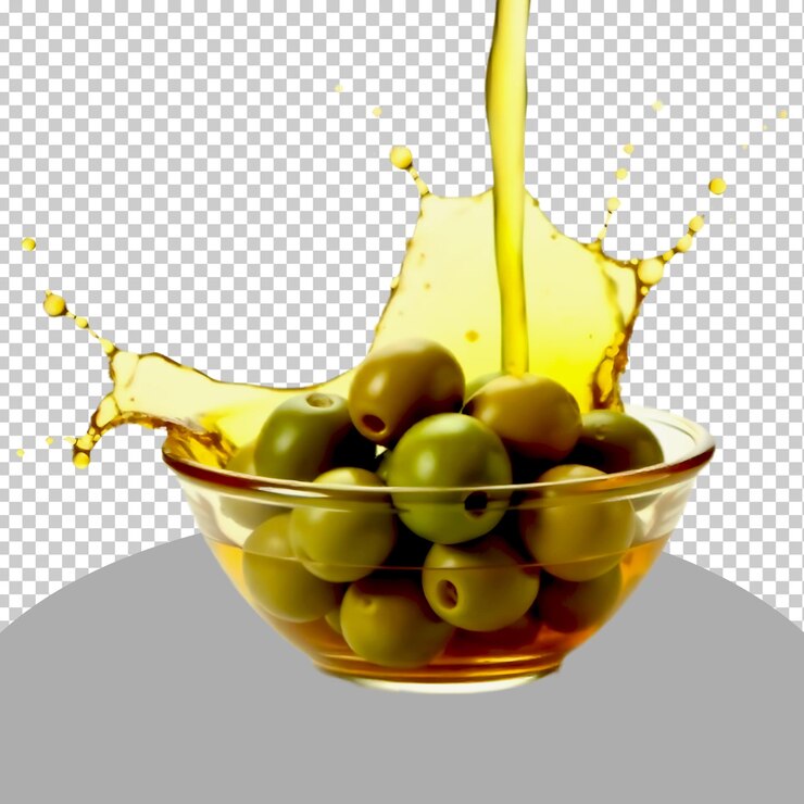 PSD un cuenco de vidrio de aceitunas está lleno de aceite de oliva sobre un fondo transparente