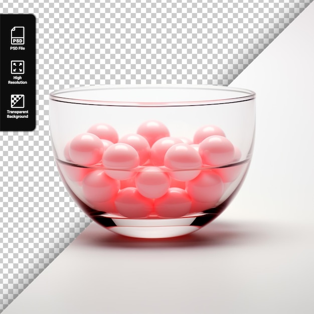 PSD cuenco de vidrio psd con bolas rosadas aisladas sobre un fondo transparente
