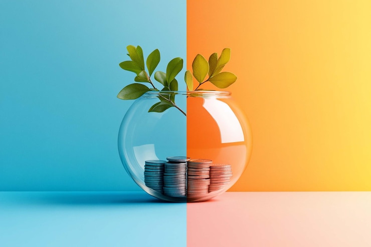 PSD cuenco de vidrio transparente con monedas y plantas que crecen a través de él dividido por gradiente de color