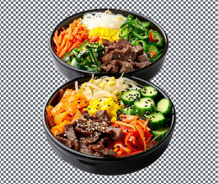 PSD cuencos de bibimbap coreanos picantes con arroz de carne aislado sobre un fondo transparente