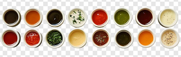 PSD cuencos de salsas variadas aislados en fondo transparente cuencos de vista superior de varias salsas