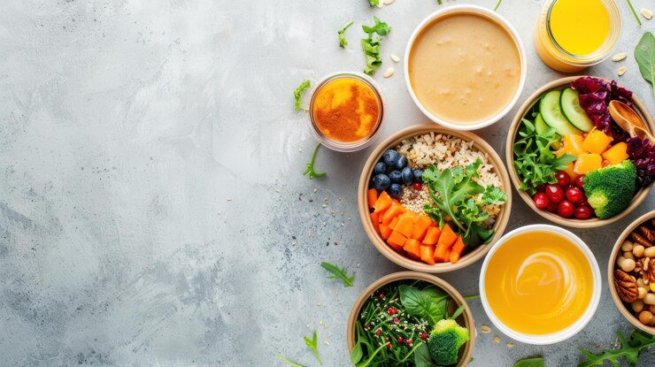 PSD cuencos saludables para preparar comidas con granos, verduras, frutas y jugos