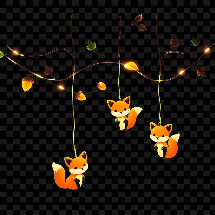 PSD cuerda decorativa kawaii zorros y pequeñas bellotas hojas de neón giran alrededor de la cuerda un acogedor bosque