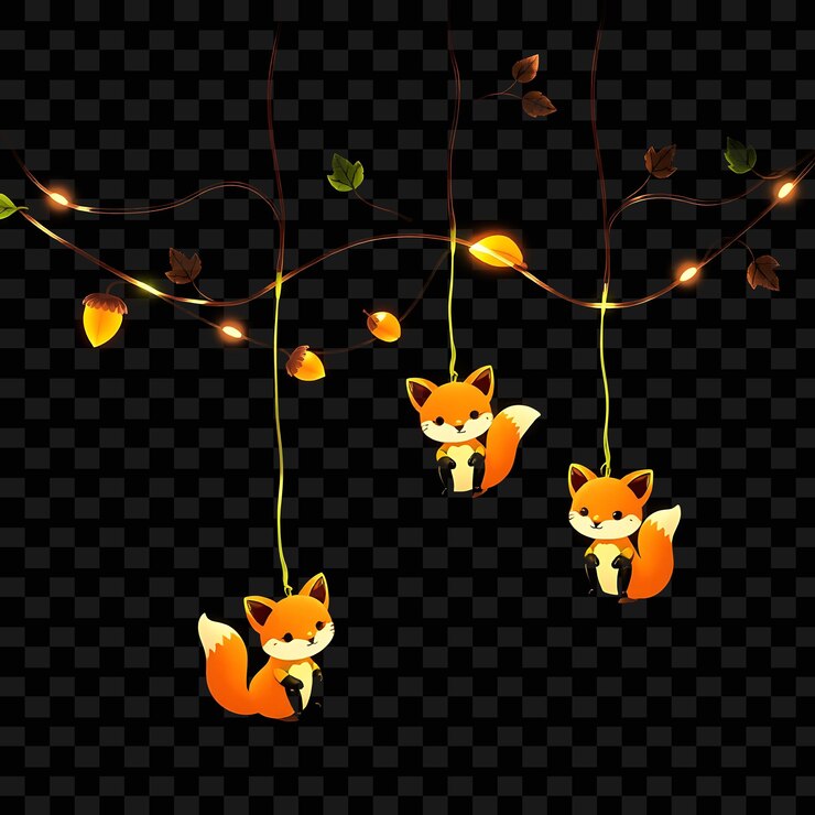 PSD cuerda decorativa kawaii zorros y pequeñas bellotas hojas de neón giran alrededor de la cuerda un acogedor bosque