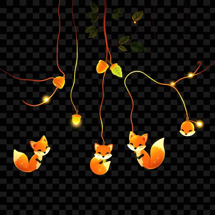 PSD cuerda decorativa kawaii zorros y pequeñas bellotas hojas de neón giran alrededor de la cuerda un acogedor bosque