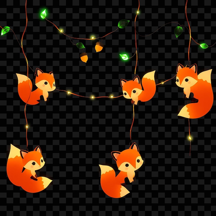 PSD cuerda decorativa kawaii zorros y pequeñas bellotas hojas de neón giran alrededor de la cuerda un acogedor bosque