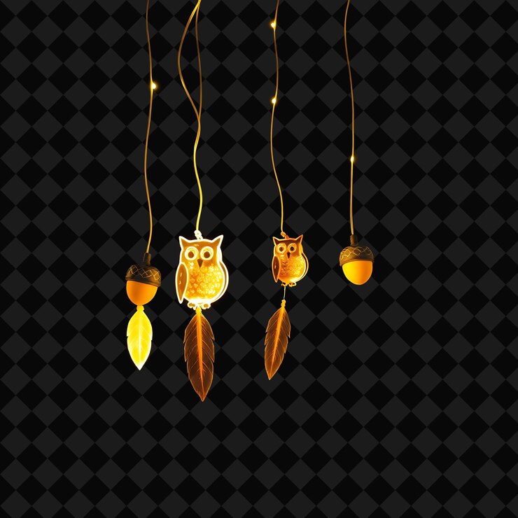 PSD la cuerda decorativa los simpáticos búhos y las bellotas las plumas de neón se despliegan de la cuerda brillando suavemente el se