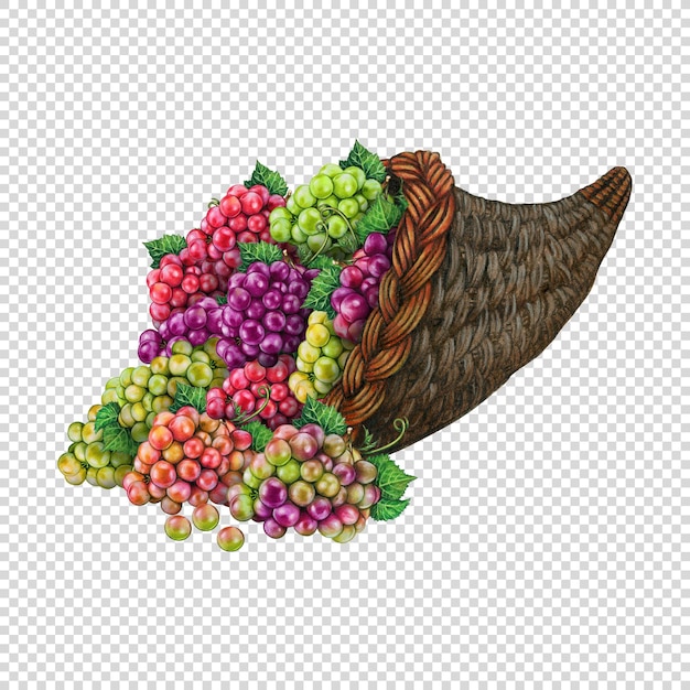 Cuerno de la abundancia de otoño de acuarela lleno de calabazas