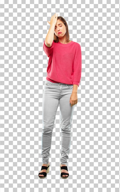 Cuerpo completo mujer joven. Con una mirada triste de desilusión y derrota.