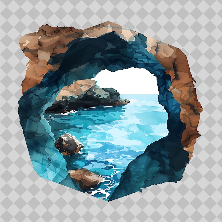 PSD cuevas de anchialine dentro de una silueta paisaje hexagonal prese png diseños artísticos de acuarela