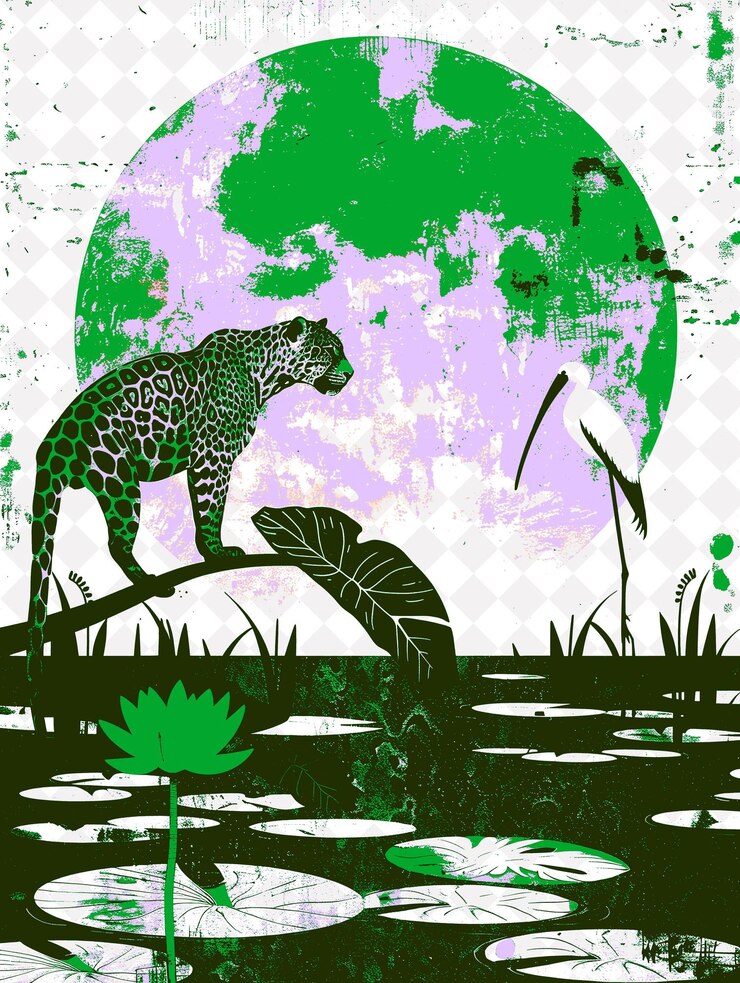 PSD cuiab pantanal pântanos com um jaguar e caimãs ibis vermelho b brasil escena e cultura ilustrações