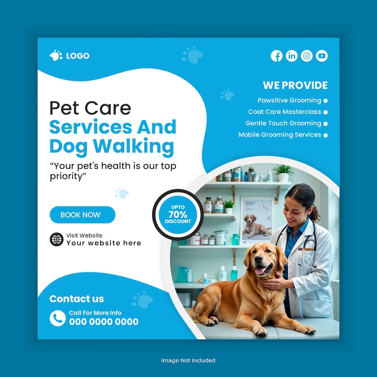 PSD cuidado de mascotas y perros caminando diseño de publicaciones en redes sociales o banners cuadrados en facebook e instagram