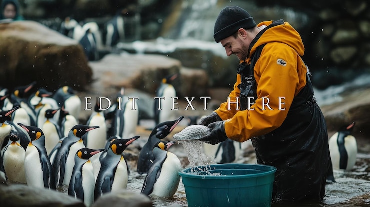 PSD el cuidador del zoológico alimenta a los pingüinos rey con peces.